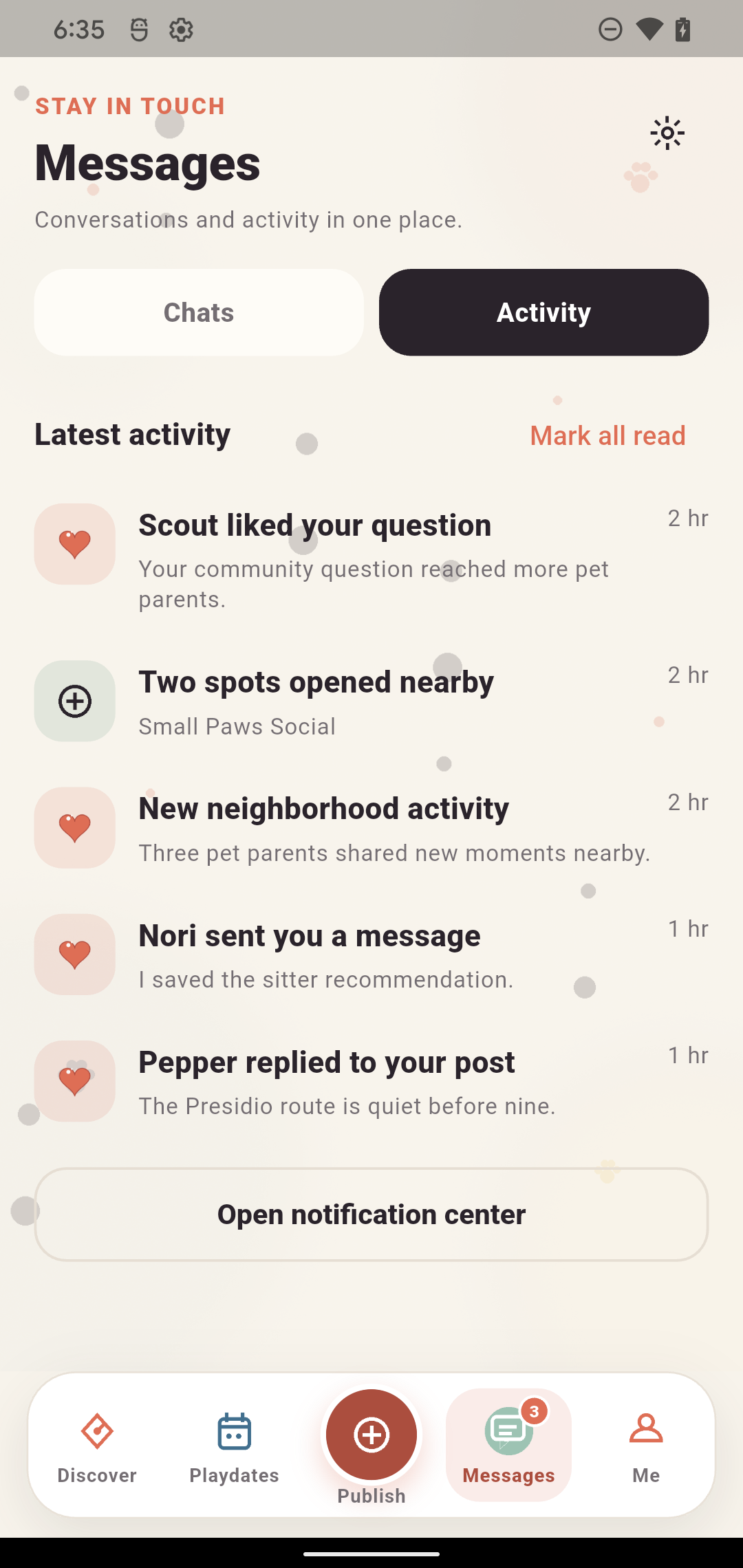 Pawly activity screen showing recent community notifications