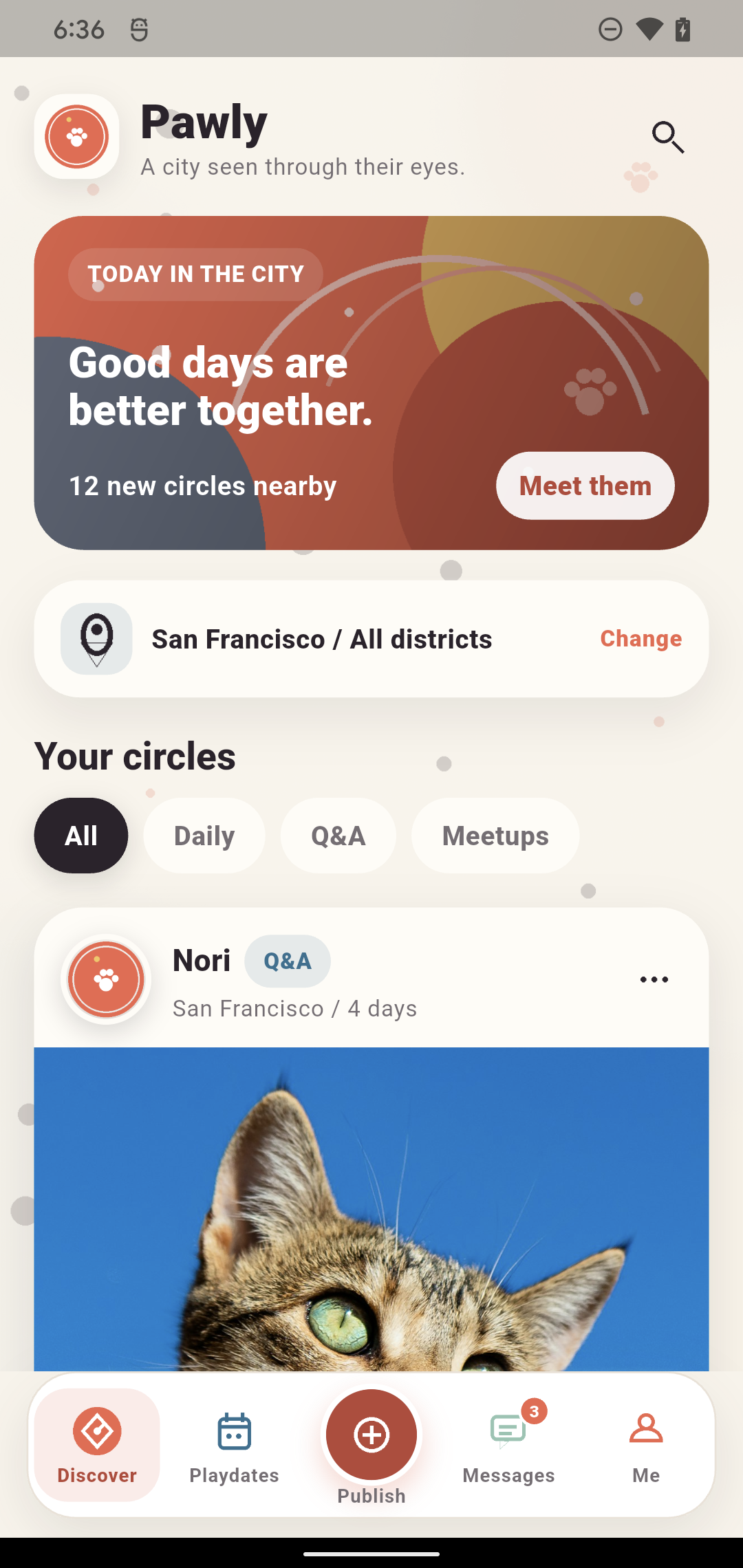 Pawly Discover feed showing pet posts