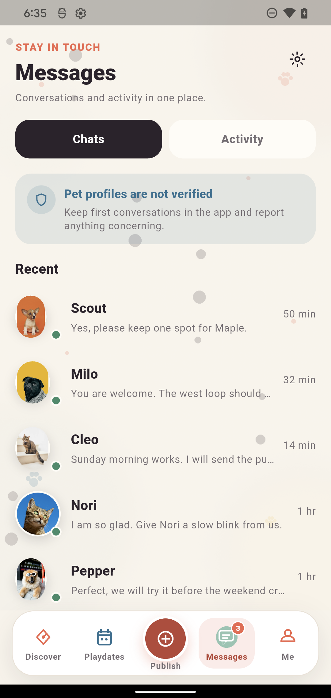 Pawly Messages screen showing recent conversations